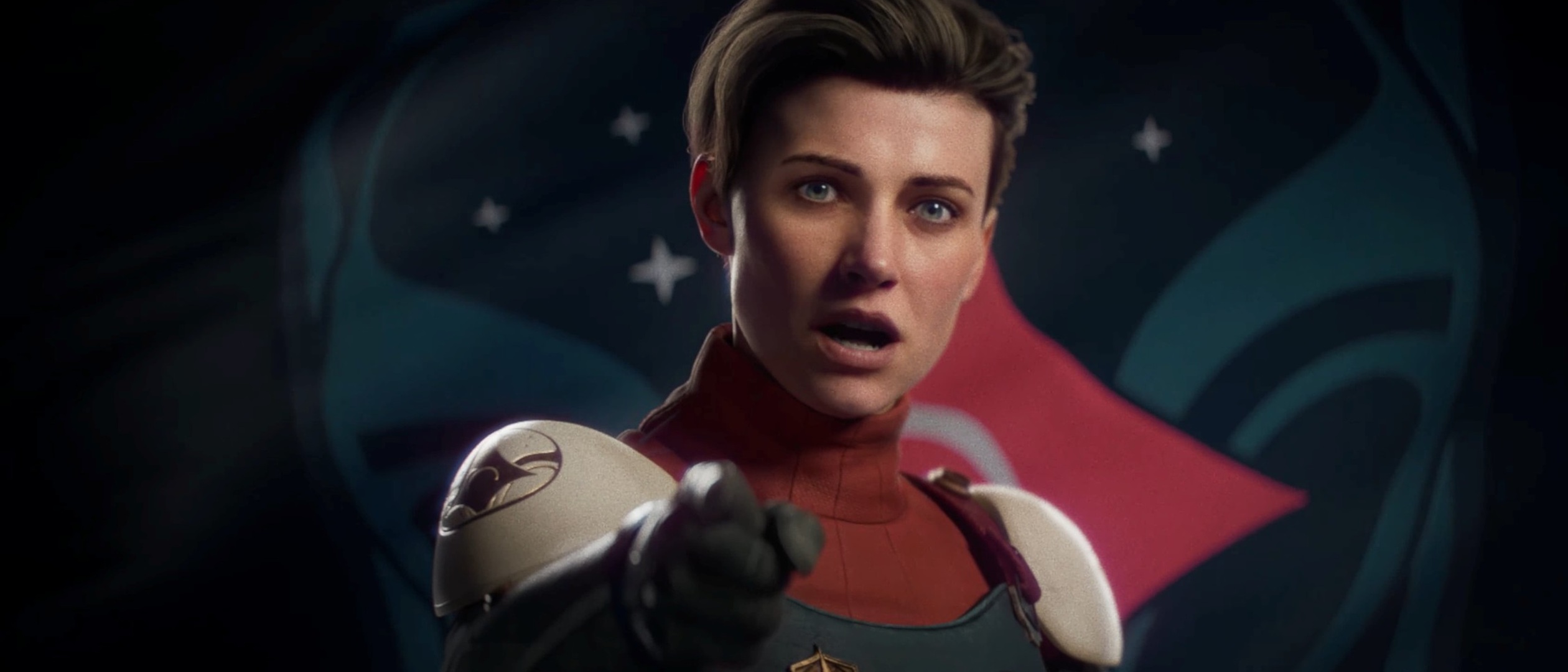 Outer Worlds 2 captain space lady pointing and looking at camera