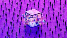 An abstract wide CGI image showing a glowing futuristic cube in the center of a large, purple plane covered with a silhouetted crowd.