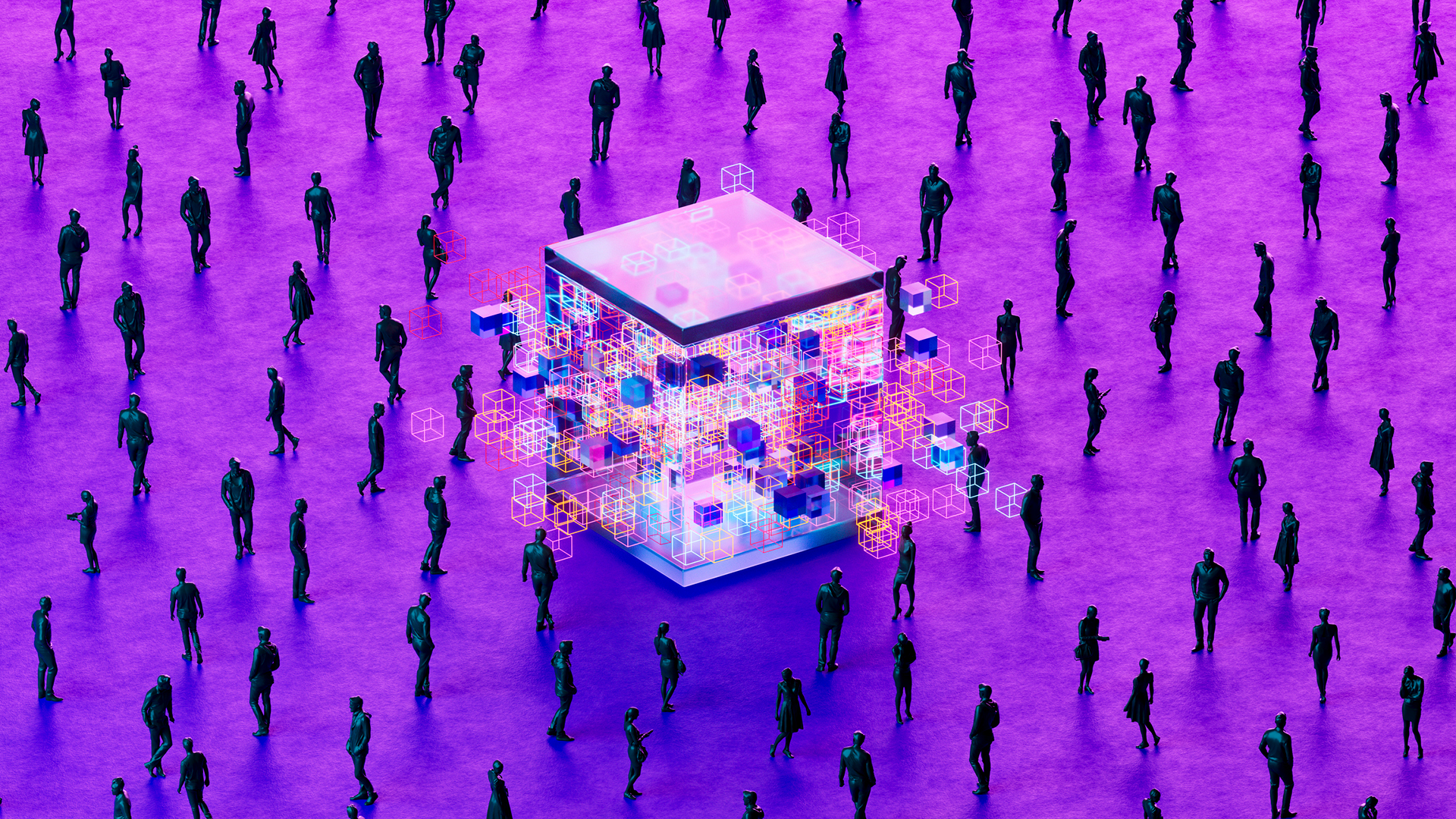 An abstract wide CGI image showing a glowing futuristic cube in the center of a large, purple plane covered with a silhouetted crowd.