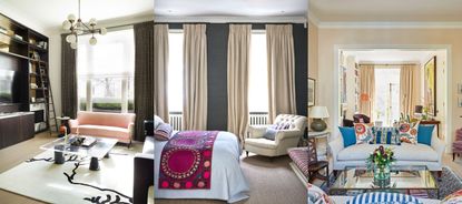 hree examples of, should curtains be lighter or darker than walls. Living room with large shelving unit, dark curtains, pink sofa. Cozy bedroom with gray painted walls, bed, armchair, cream curtains. Living room with sofa, coffee table, cream painted walls and curtains.