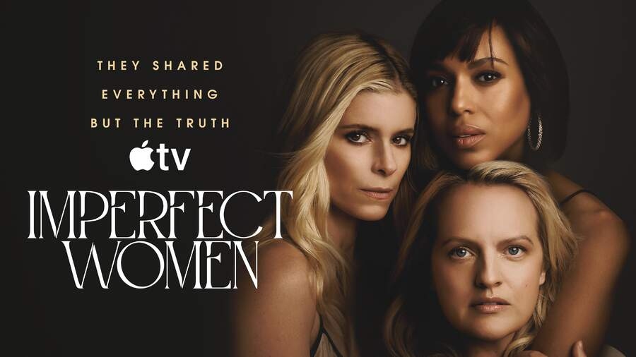 Key Art with Apple TV logo, programme title and the words 'They shared everything but the truth' on a black background next to serious-looking pictures of leading cast (clockwise) Kate Mara, Kerry Washington and Elisabeth Moss)