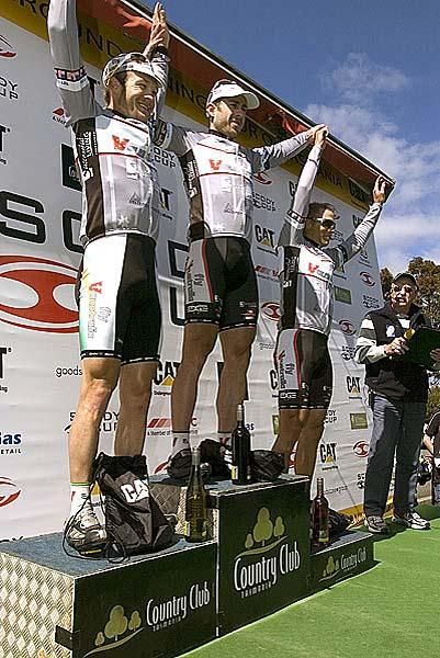 The stage six podium (l-r): Bernard Sulzberger (2nd), Ben Day (1st), and Jonathan Cantwell (3rd) all of Fly V Australia.