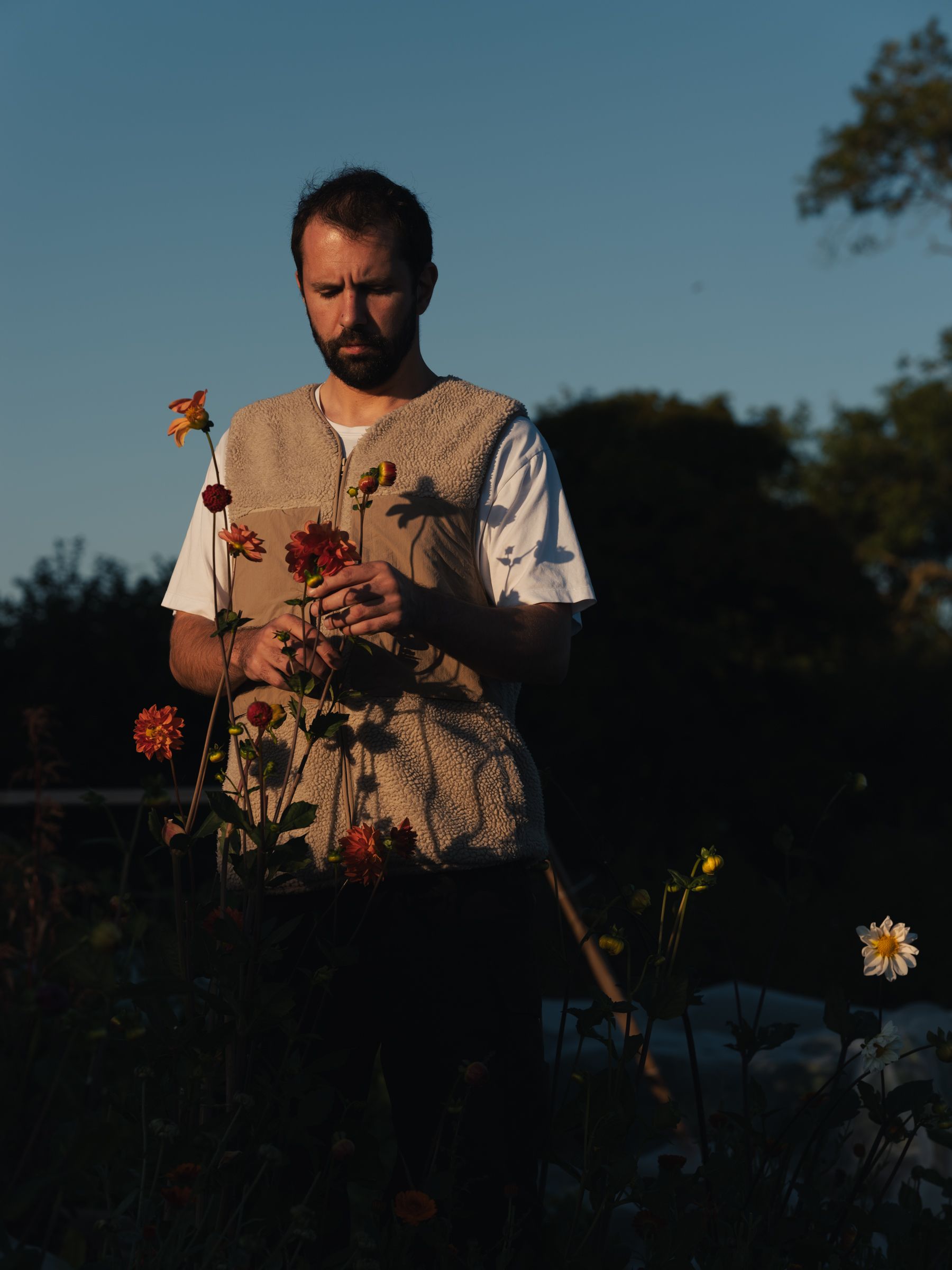 Two portraits of a young man dressed in a beige shearling vest with a white T-shirt underneath it while handling vegetables and flowers on a sun-lit farm at sunset.