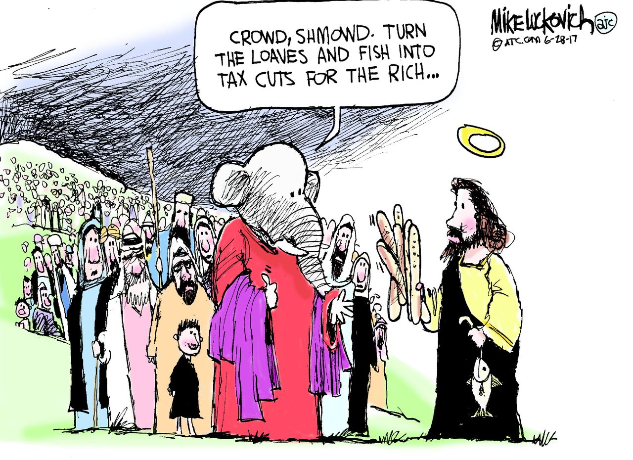 Political cartoon U.S. GOP health care reform Jesus tax cuts