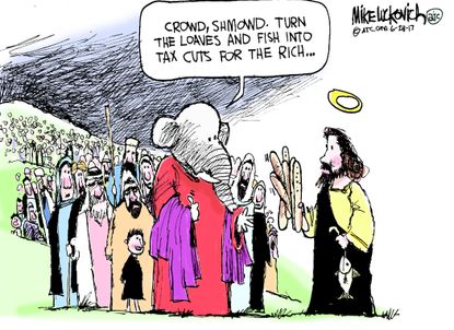 Political cartoon U.S. GOP health care reform Jesus tax cuts