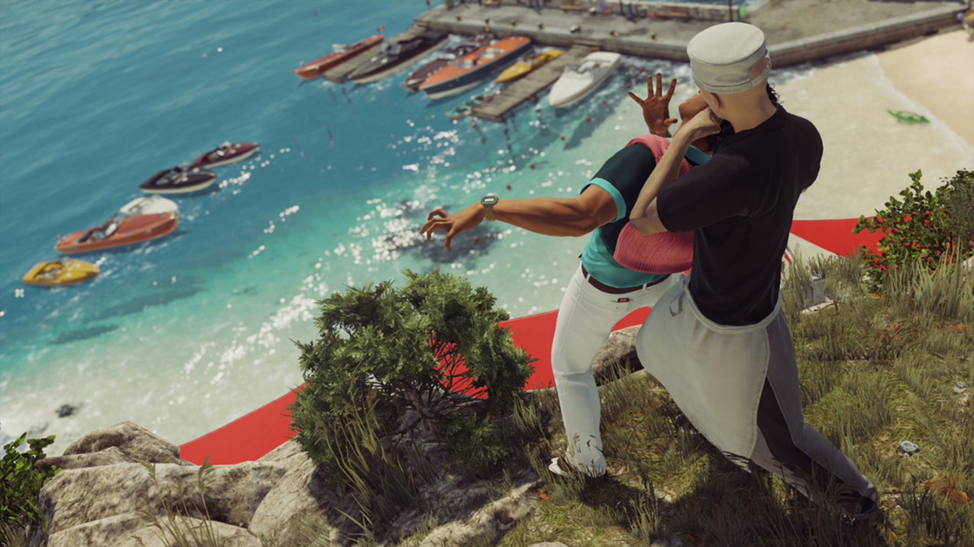 Agent 47 in disguise and choking a target out from behind while overlooking a dock in Hitman: World of Assassination