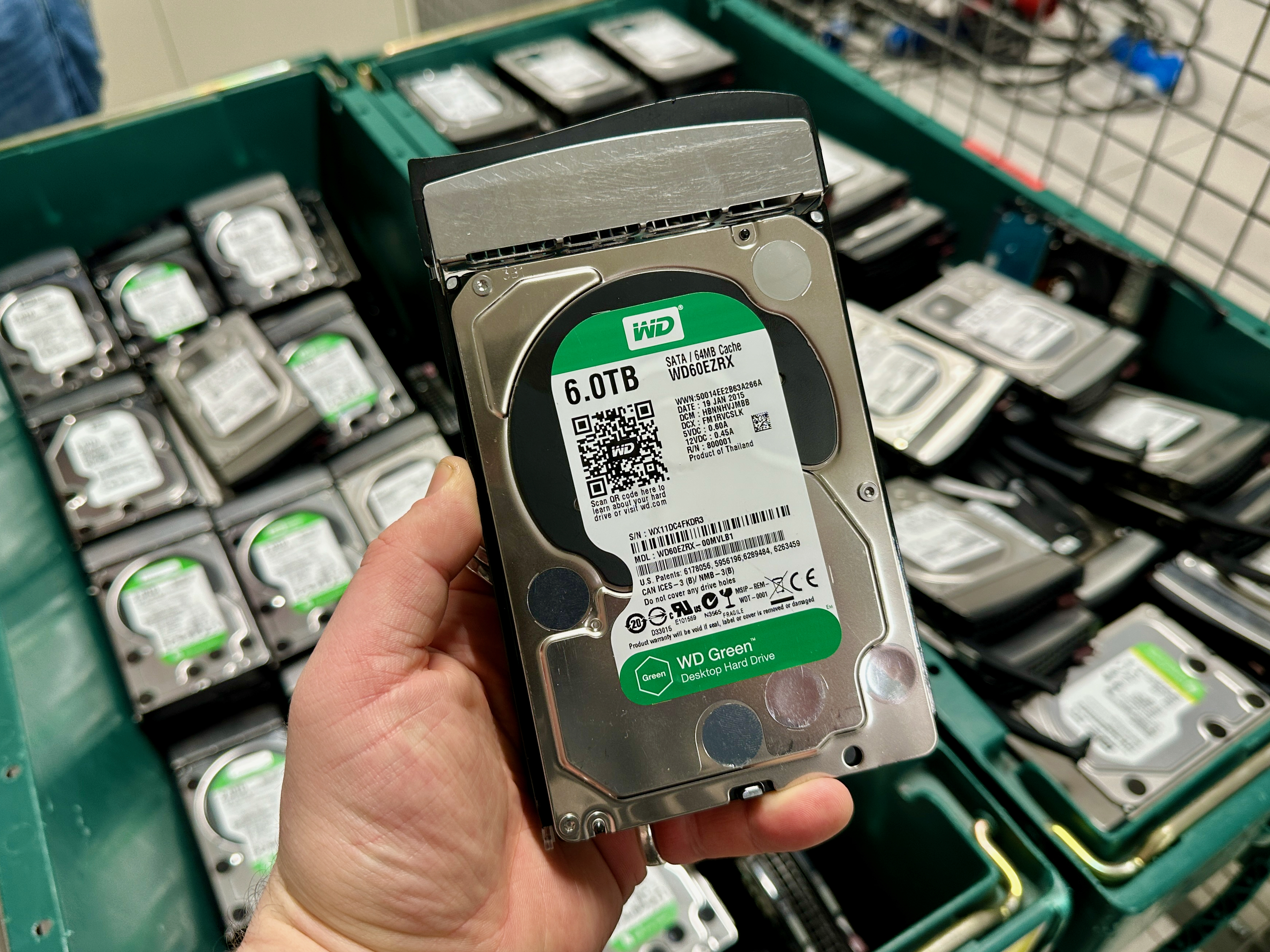A 6 TB WD hard drive that has developed a fault and has been removed from the server farm for disposal