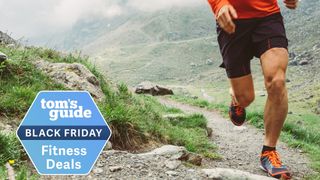 Man trail running outdoors with Black Friday badge bottom left
