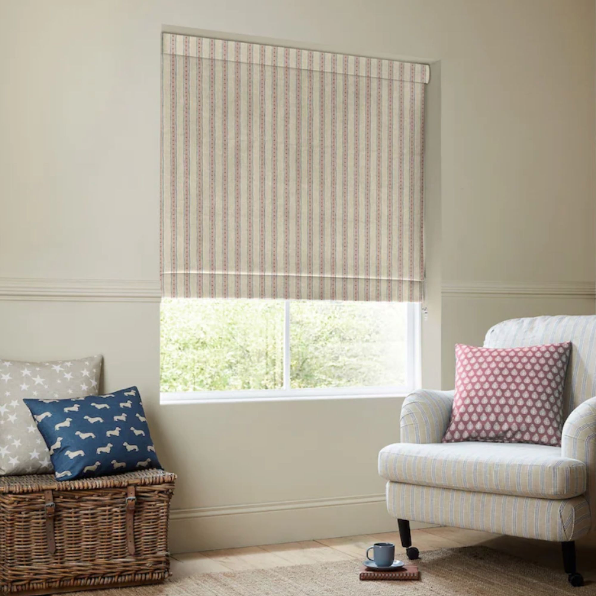 Emily Bond Pink_Blue Block Printed Stripe Made to Measure Roman Blind