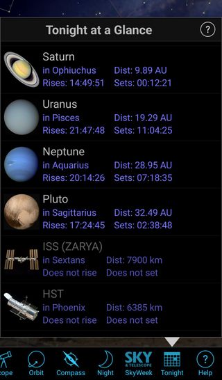 The new "Tonight at a Glance" main menu option brings up a listing of the sun, moon and planets — indicating where they are located and when they rise and set. It also monitors the brighter satellite passes, including the International Space Station and Iridium flares.