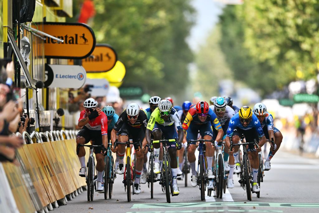 TORINO ITALY JULY 01 EDITORS NOTE Alternate crop LR Dylan Groenewegen of Netherlands and Team Jayco AlUla Arnaud De Lie of Belgium and Team Lotto Dstny Biniam Girmay of Eritrea and Team Intermarche Wanty Mads Pedersen of Denmark and Team Lidl Trek Fernando Gaviria of Colombia and Movistar Team Phil Bauhaus of Germany and Team Bahrain Victorious Fabio Jakobsen of Netherlands and Team dsmfirmenich PostNL sprint at finish line to win the stage during the 111th Tour de France 2024 Stage 3 a 2308km stage from Piacenza to Torino UCIWT on July 01 2024 in Torino Italy Photo by Dario BelingheriGetty Images