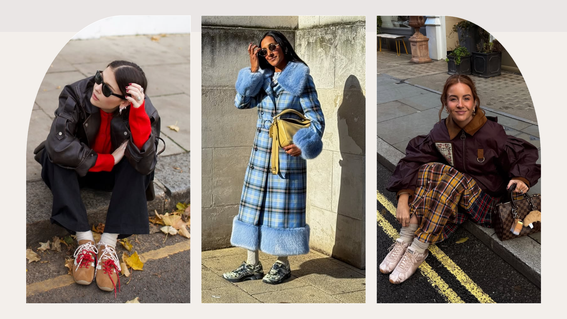 Influencers Zeena Shah, Rebecca Ferraz Wyatt and Alice Satterthwaite wearing London trainer trends 2026