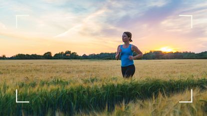 Woman running across an open field at sunset looking determined, representing is running good for you