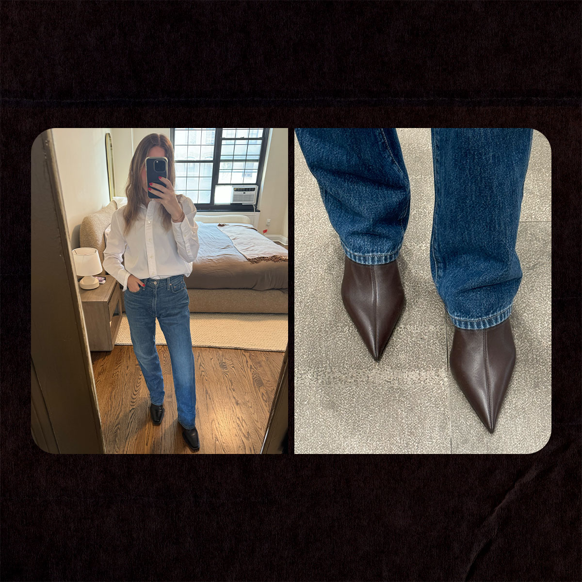 A collage of nikki wearing different boots she tried on.