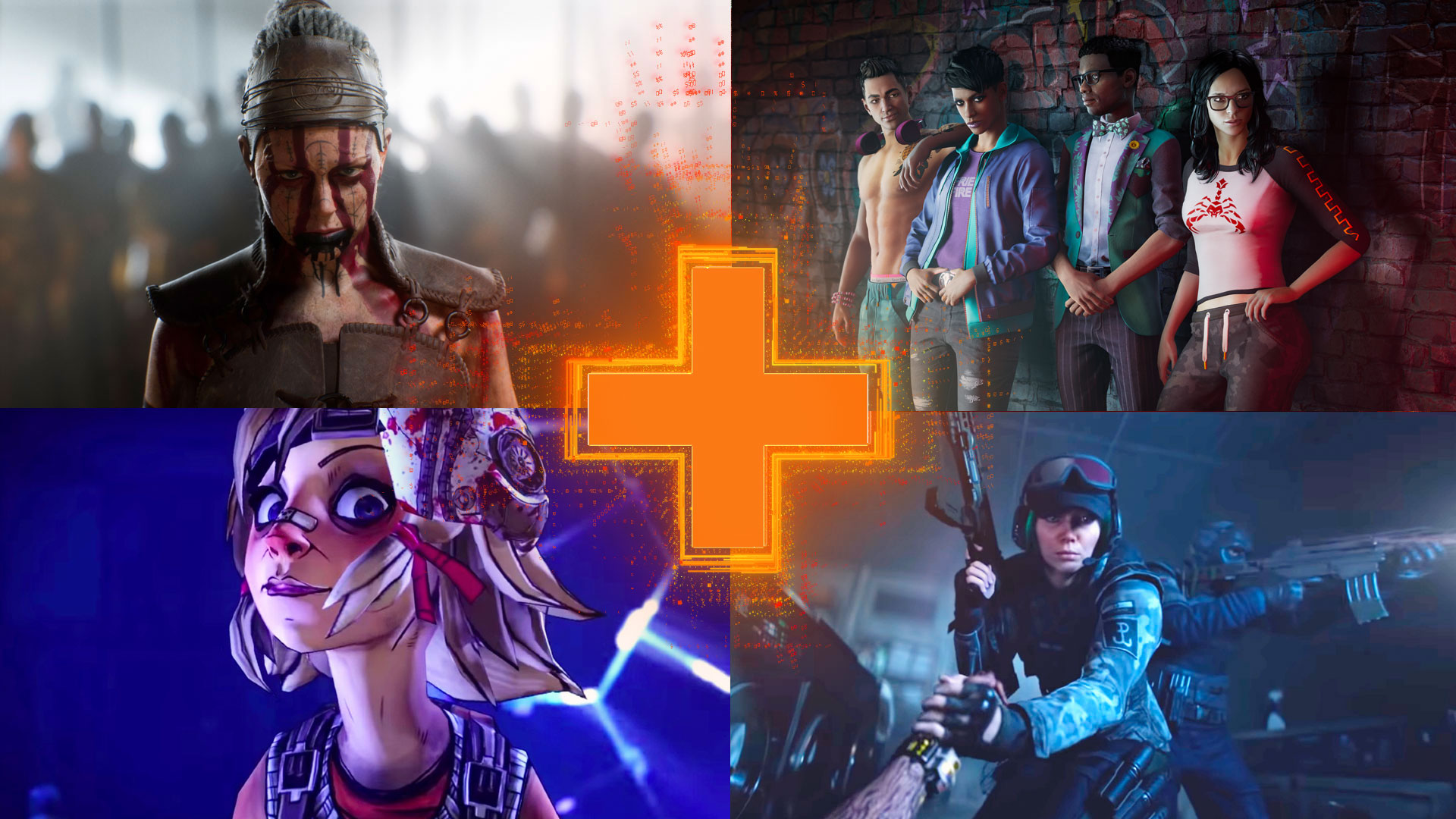 Upcoming Xbox One Games - Clockwise from Top Left - Hellblade 2, Saints Row (2022), Rainbow Six Extraction and Tiny Tina's Wonderlands