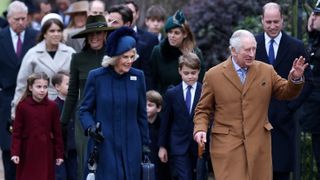 Princess Charlotte, Catherine, Princess of Wales, Queen Camilla, Prince George, King Charles and Prince William, Prince of Wales attend the Christmas Day service at St Mary Magdalene Church on December 25, 2022