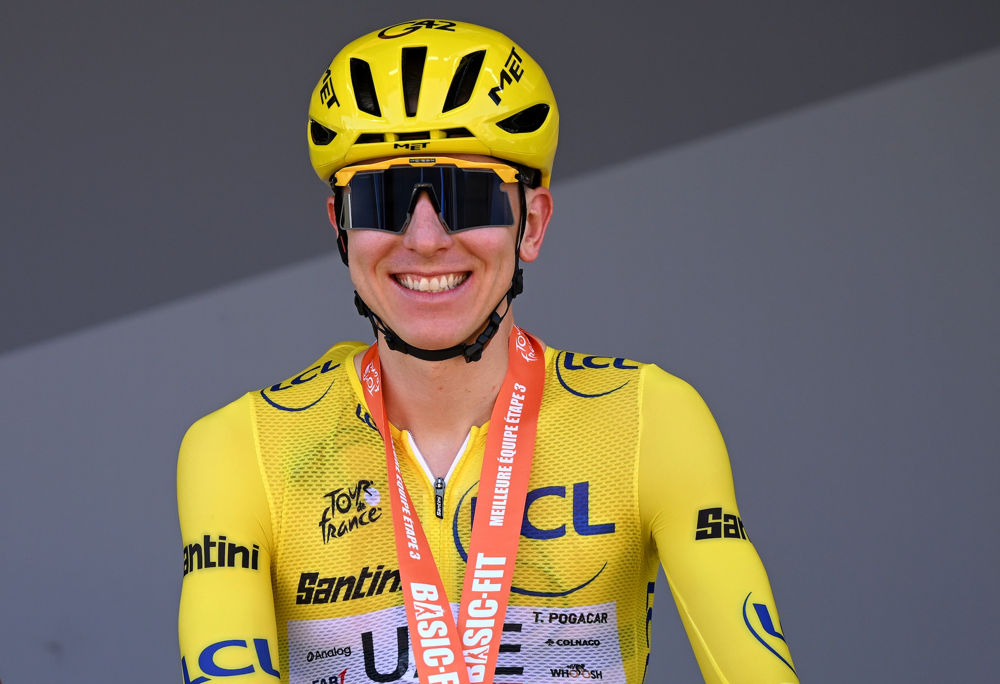 CARCASSONNE, FRANCE - JULY 07: cropped- Tadej Pogacar of Slovenia and UAE Team Emirates - XRG Yellow Leader Jersey prior to the 113th Tour de France 2026, Stage 4 a 181.9km stage from Carcassonne to Foix / #UCIWT / on July 07, 2026 in Carcassonne, France. (Photo by  Dario Belingheri/Getty Images)