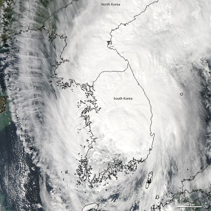 NASA&#039;s Terra satellite captured this image of Typhoon Sanba as it engulfed the Korean peninsula earlier today (Sept. 17).