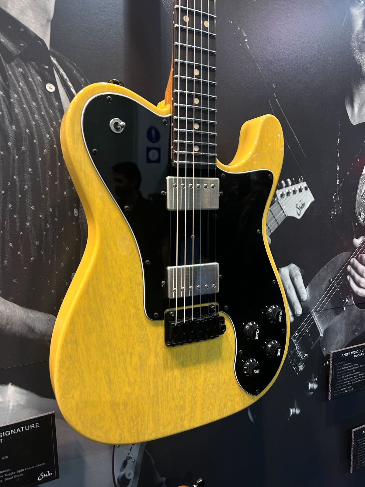A Suhr guitar, on display at the 2026 NAMM show in Anaheim, California
