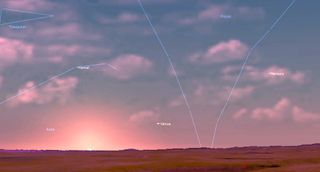 A pink hued landscape with low horizon and cotton candy clouds shows tiny points Venus, just below middle center, and Mercury middle right. Two blue lines tracing constellations sprout from the horizon between them like antennae on a bug, extending to the image top. Another constellation line reaches from the left, below a blue triangle top left.