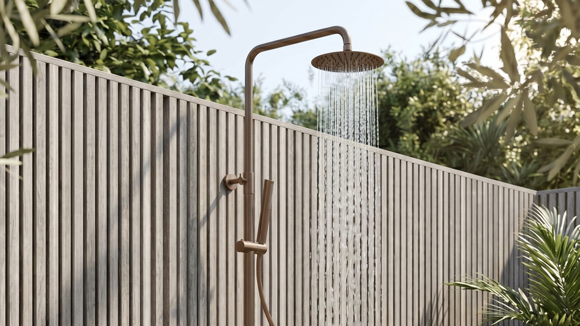 An outdoor shower in a brushed brass finish mounted against a pale slatted timber fence