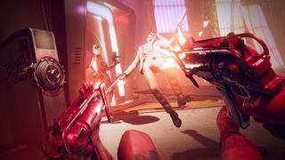 Deathloop screenshot of Colt sliding to shoot down an enemy with dual pistols.