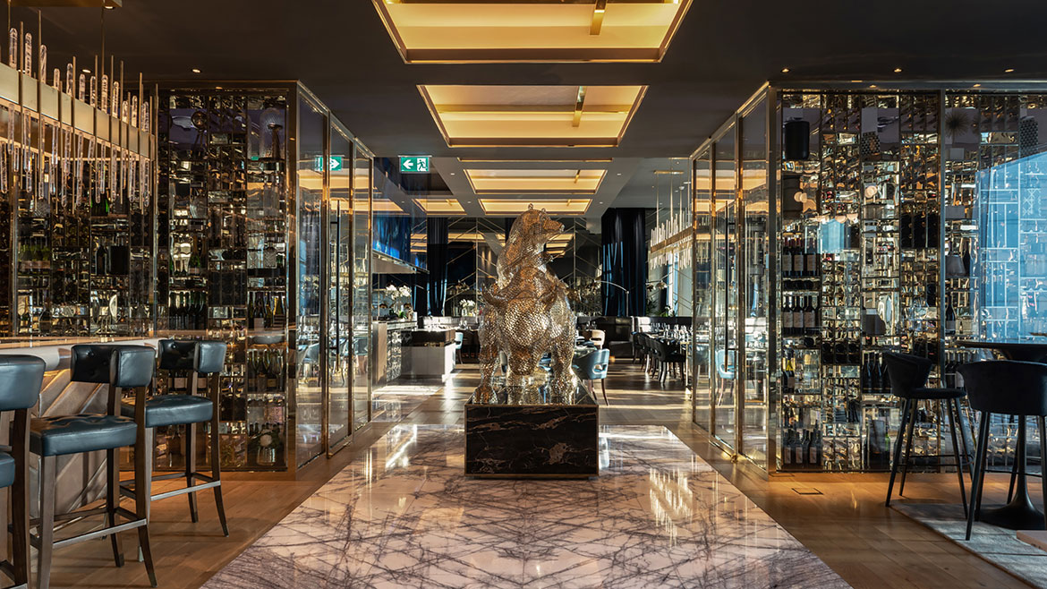 Interior of the Bull &amp;amp; Bear restaurant at the Waldorf Astoria Dubai International