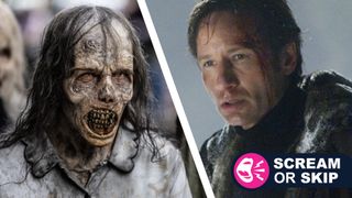 A side by side image of a Walking Dead zombie and Fox Mulder from The X-Files