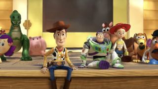 The toys watch as Andy leaves in Toy Story 3