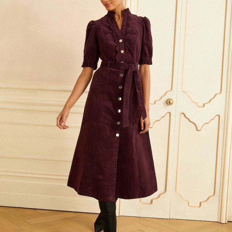 Love &amp;amp; Roses Cherry Red Corduroy Lace Trim Midi Dress on model 