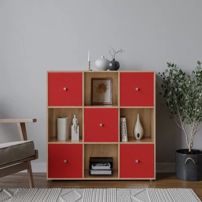 9 Cube Oak Wooden Bookcase Shelving Unit With 5 Collapsible Fabric Drawers Red