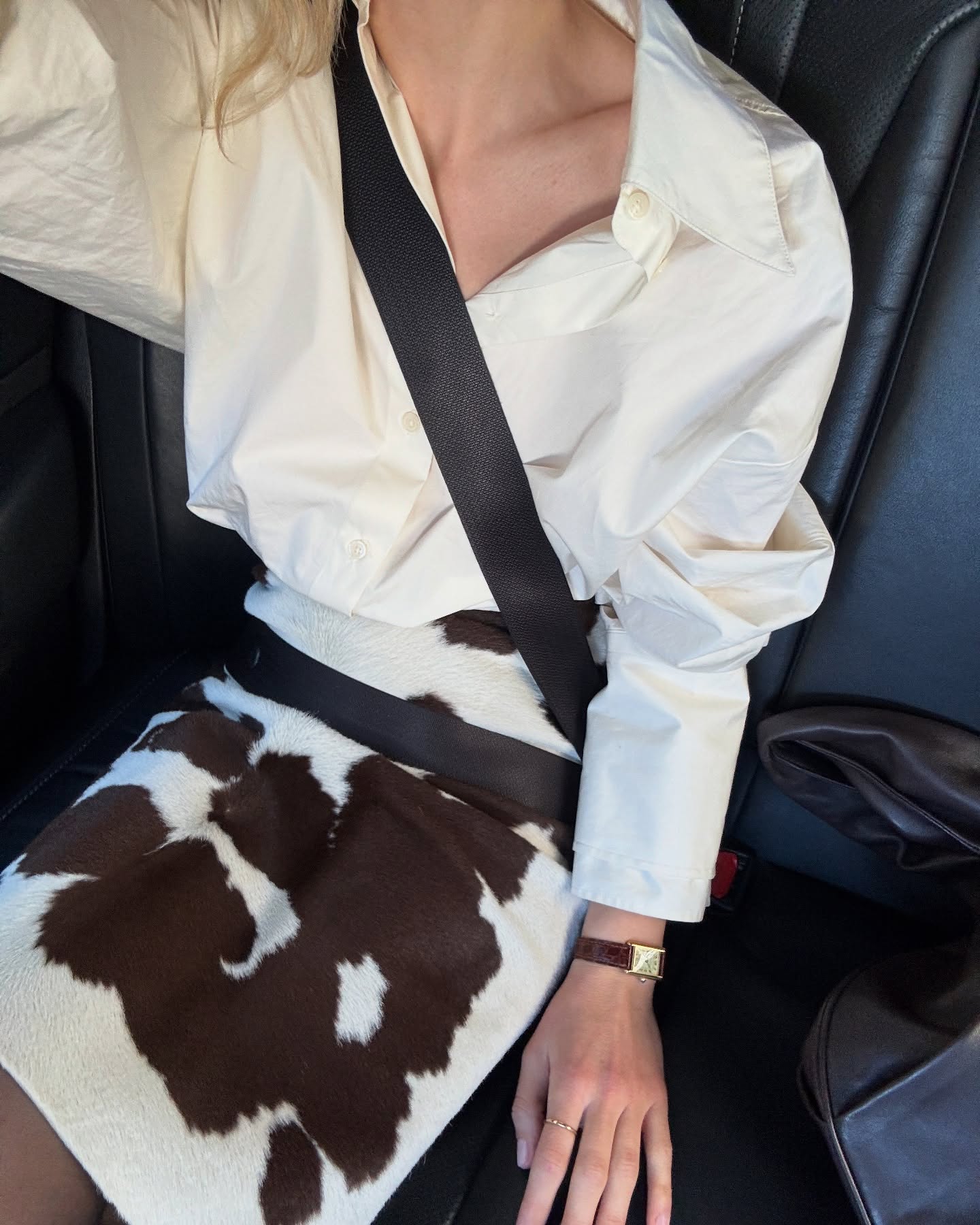 Stephanie Broek wearing a button-down shirt and cow-print pony hair skirt.