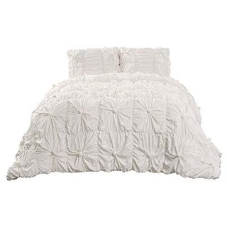 Lush Decor Bella Comforter Set Vintage Chic Style Ruched 3 Piece Bedding With Pillow Shams-King-White