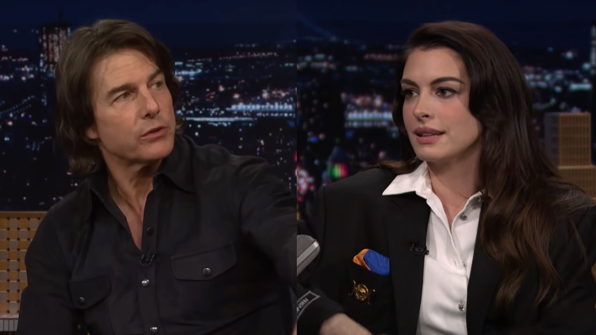 Anne Hathaway and Tom Cruise on The Tonight Show starring Jimmy Fallon, side by side. 