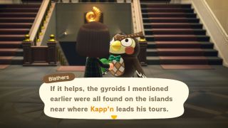 Speaking to Blathers in Animal Crossing: New Horizons about gyroids