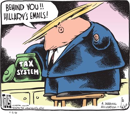 Political cartoon U.S. 2016 election Donald Trump taxes Hillary Clinton emails