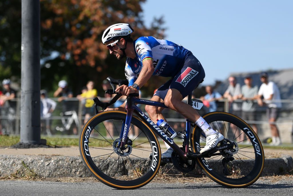 MONTREAL QUEBEC SEPTEMBER 15 Julian Alaphilippe of France and Team Soudal QuickStep competes during the 13th Grand Prix Cycliste de Montreal 2024 a 2091km one day race from Montreal to Montreal UCIWT on September 15 2024 in Montreal Quebec Photo by Alex BroadwayGetty Images