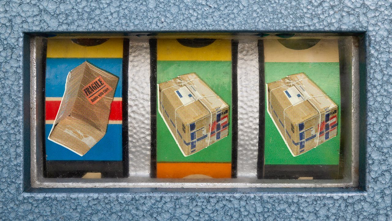 Photo collage of a slot machine showing images of beat-up parcels instead of numbers or fruits.