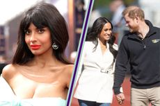 Jameela Jamil pictured at the red carpet during the 71st Annual Primetime Emmy Awards on September 22, 2019/ in a template with Prince Harry and Meghan who are smiling at each other during day two of the Invictus Games 2020 at Zuiderpark on April 17, 2022 in The Hague, Netherlands.
