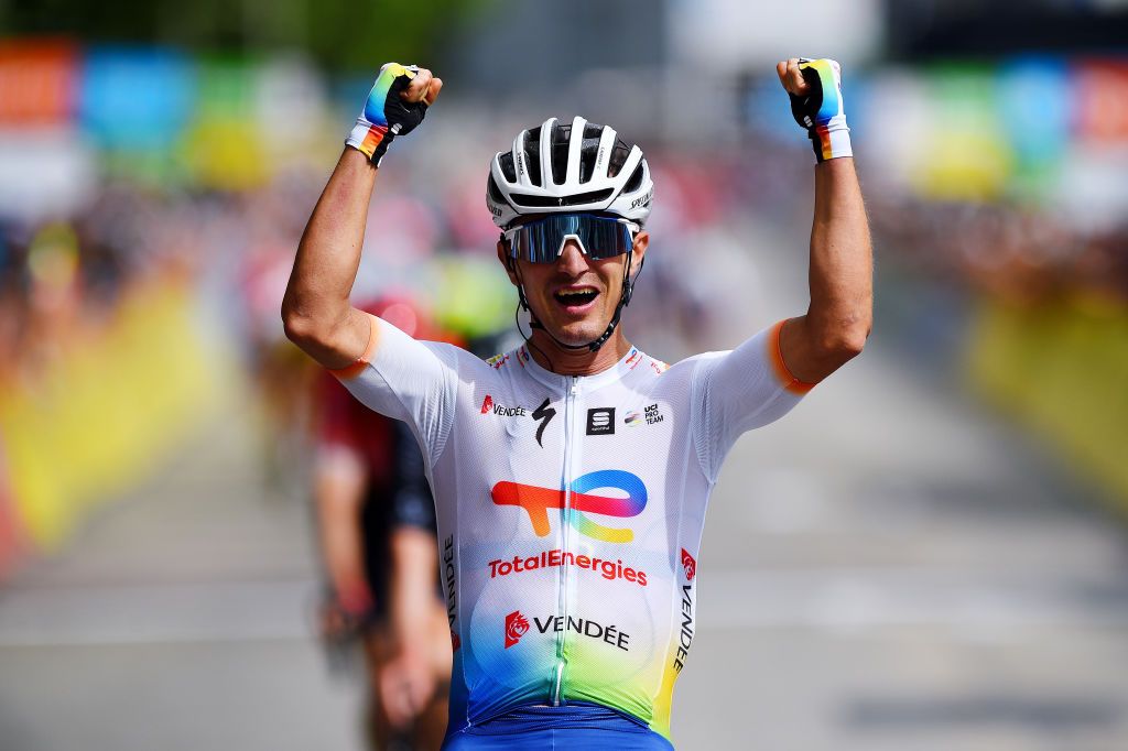 BRIVESCHARENSAC FRANCE JUNE 06 Alexis Vuillermoz of France and Team Total Energies celebrates winning during the 74th Criterium du Dauphine 2022 Stage 2 a 1698km stage from SaintPray to BrivesCharensac WorldTour Dauphin on June 06 2022 in BrivesCharensac France Photo by Dario BelingheriGetty Images