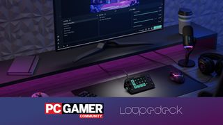 Loupedeck x PC Gamer giveaway header with a Loupedeck console on a desk.