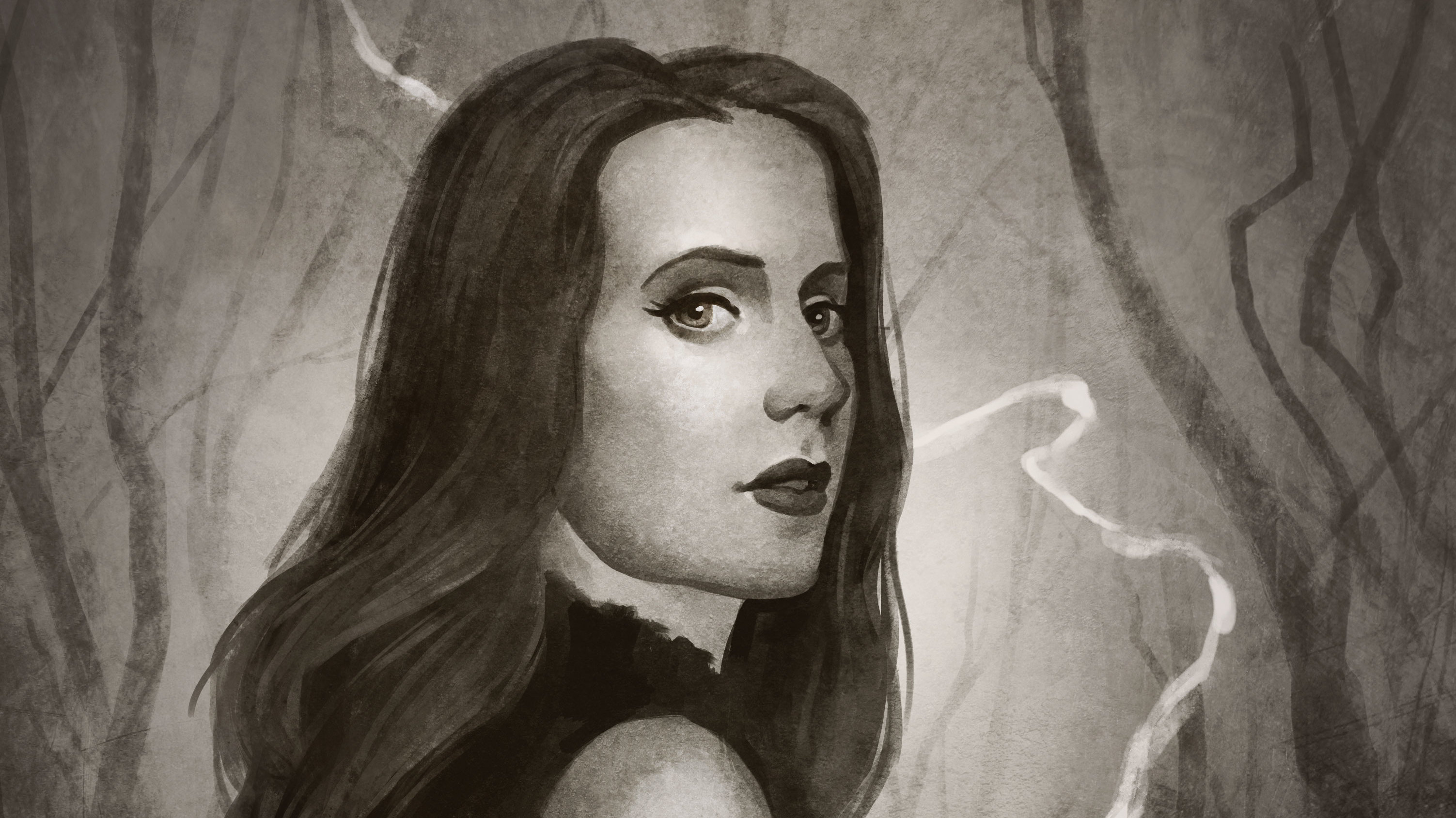 An illustration of Simone Simons drawn in an Opeth-esque style