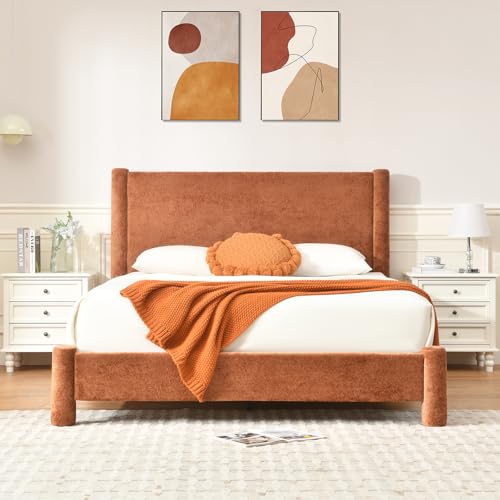 Velocava Queen Size Upholstered Platform Bed Frame With Soft Rounded Corners, 44.88" Tall Headboard, Luxury Plush Velvet Upholstery, 11 Slats, No Box Spring Needed, Rust Orange