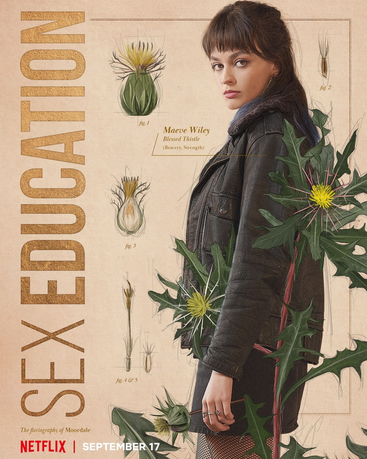 Emma Mackey as Maeve Wiley, partnered with an illustration of a blessed thistle.