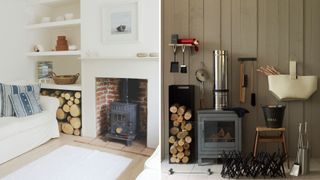 Collage of two Living room log burners with log storage