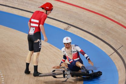 Frederik Madsen and Charlie Tanfield crash in the team pursuit at Tokyo 2020