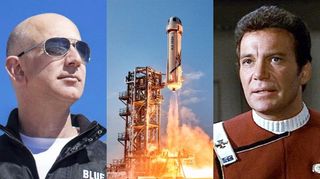 A collage shows Blue Origin founder Jeff Bezos, the company's suborbital New Shepard launch system and actor William Shatner as Captain James T. Kirk in "Star Trek."