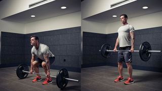 Man demonstrates two positions of the deadlift exercise using a barbell