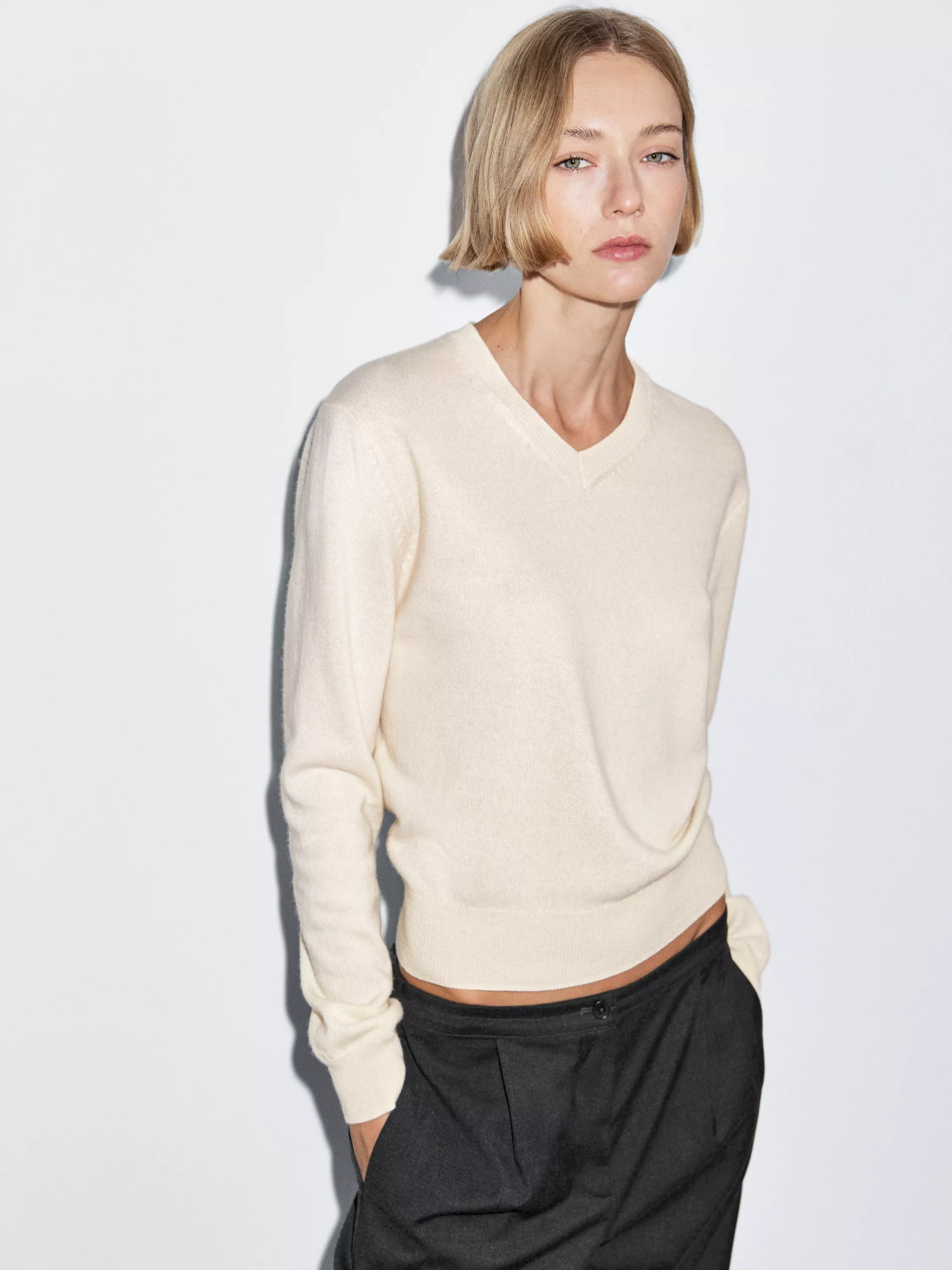 Wool Blend Knit V-Neck Sweater