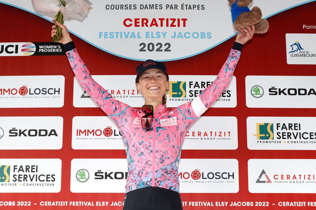 GARNICH LUXEMBOURG MAY 01 Veronica Ewers of United States and Team EF Education Tibco Svb celebrates at podium as stage winner during the 14th Ceratizit Festival Elsy Jacobs 2022 Stage 2 a 1093km stage from Garnich to Garnich felsy on May 01 2022 in Garnich Luxembourg Photo by Bas CzerwinskiGetty Images